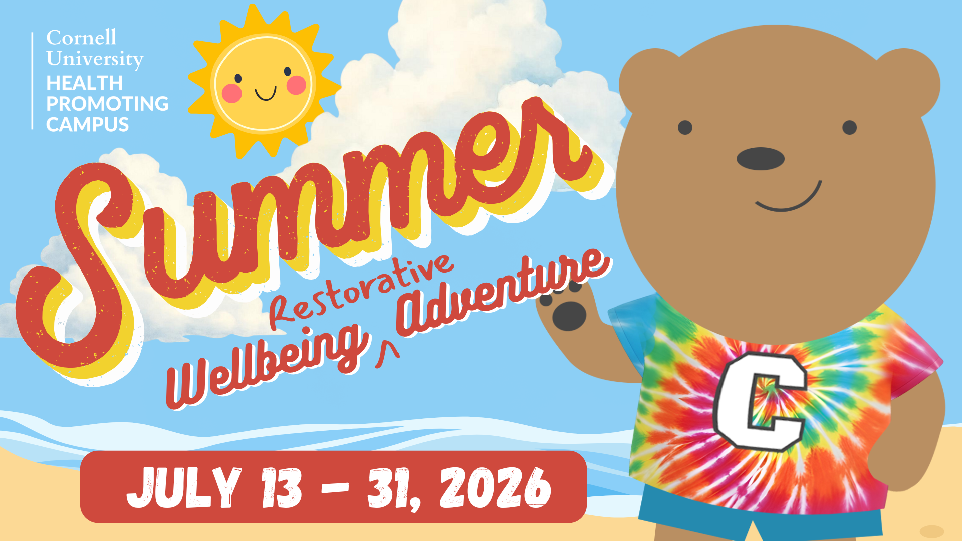 Summer Wellbeing Banner with willbur the bear in a tiedye t shirt on a beach waving