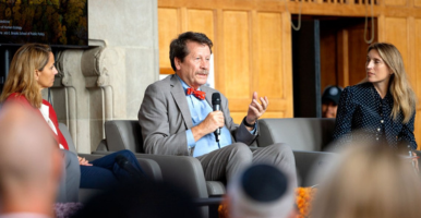 Dr. Robert M. Califf, commissioner of the U.S. Food and Drug Administration, center; with moderators Rachel Dunifon, the Rebecca Q. and James C. Morgan Dean of the College of Human Ecology, left; and Krystyn Van Vliet, vice president for research and innovation, right.